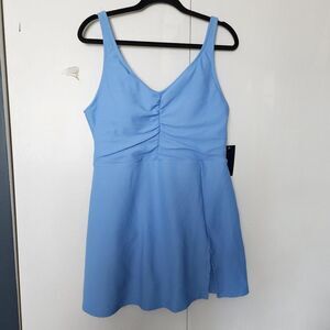 Lands-end Women's Sky Blue Swim Dress Ruched V Neck Straps NWT Size XL Preppy